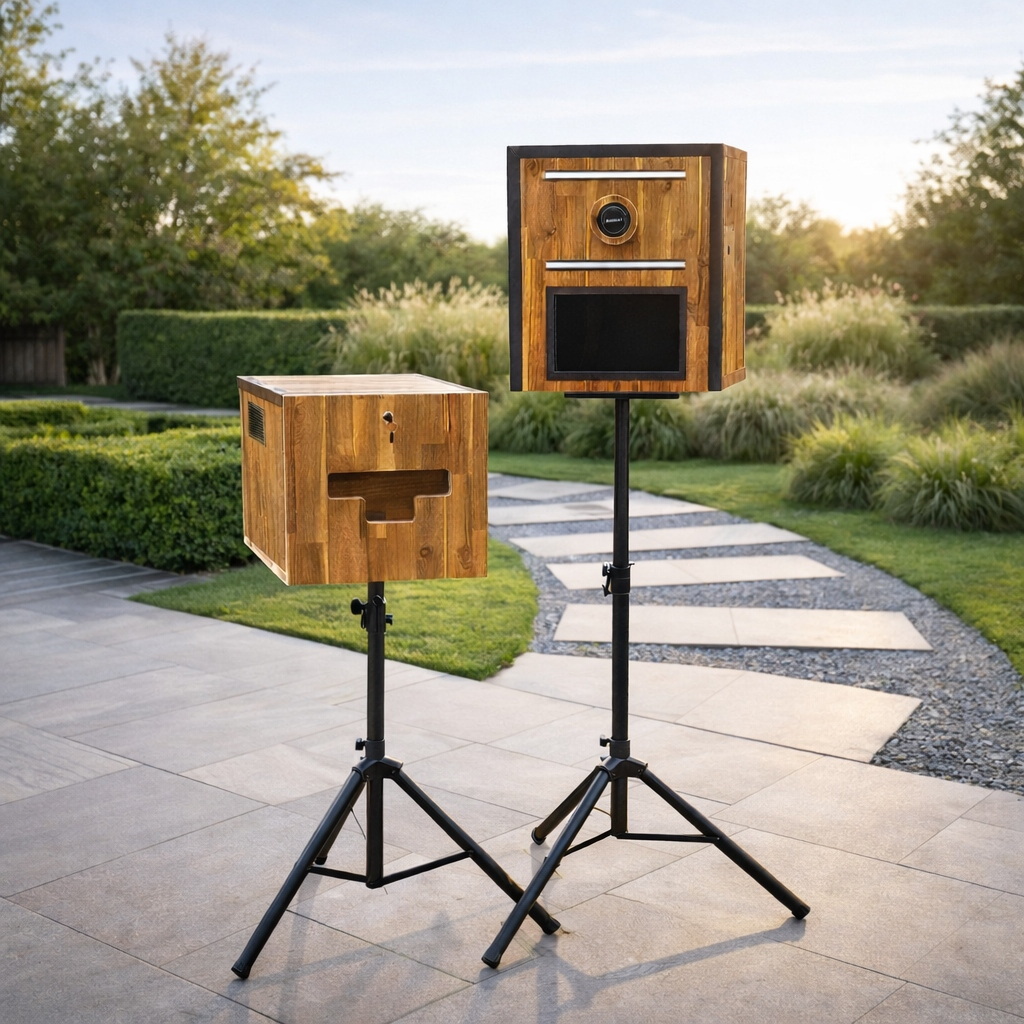 Photobooths Tibooth en bois installés en extérieur dans un jardin